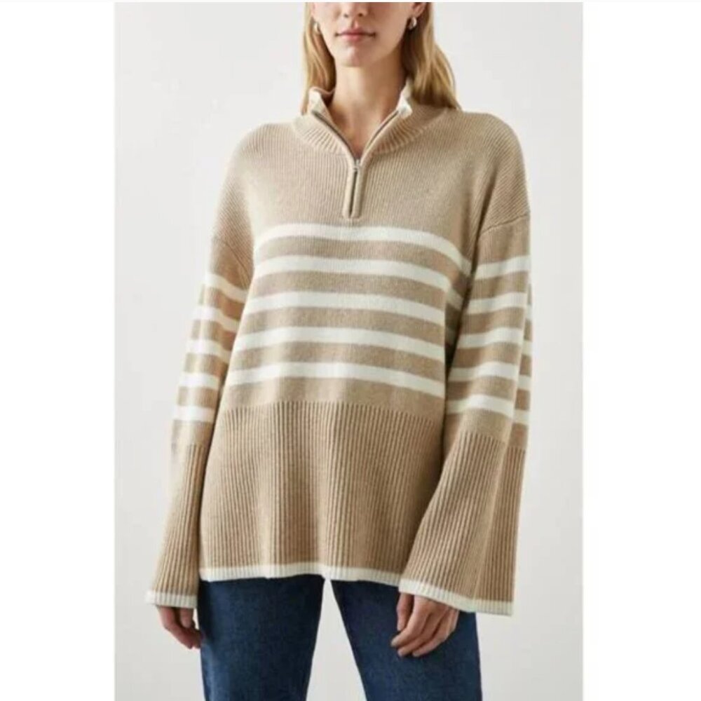 RAILS Tessa 1/4 Zip Sweater Striped Rib Knit Wool Blend Cream Oversized Size L
